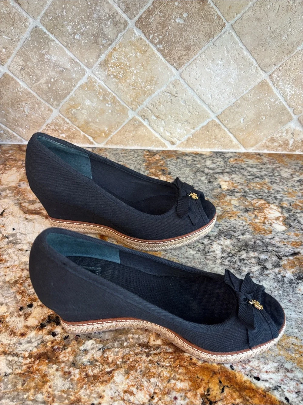 Tory Burch Black Espadrille Wedge Peep-Toe Pumps with Gold Logo
